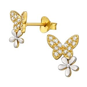 18K Gold Plated Sterling Silver Butterfly & Flower Stud Earrings – CZ Accents